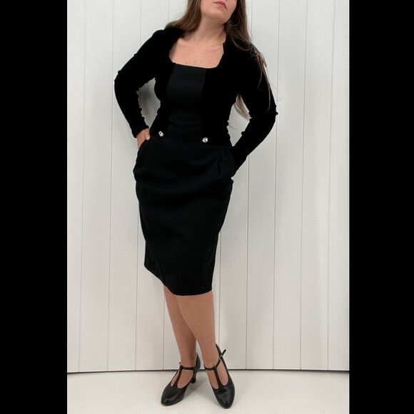 Vintage 80s Nina Ricci Black Sheath Long Sleeve Dress Square Neckline | M 40 - Picture 13 of 16
